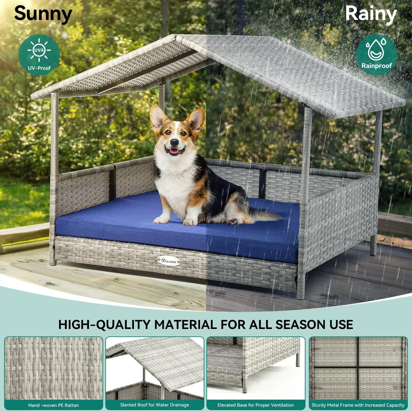 Outdoor Rattan Doghouse with Canopy and Comfortable Cushion