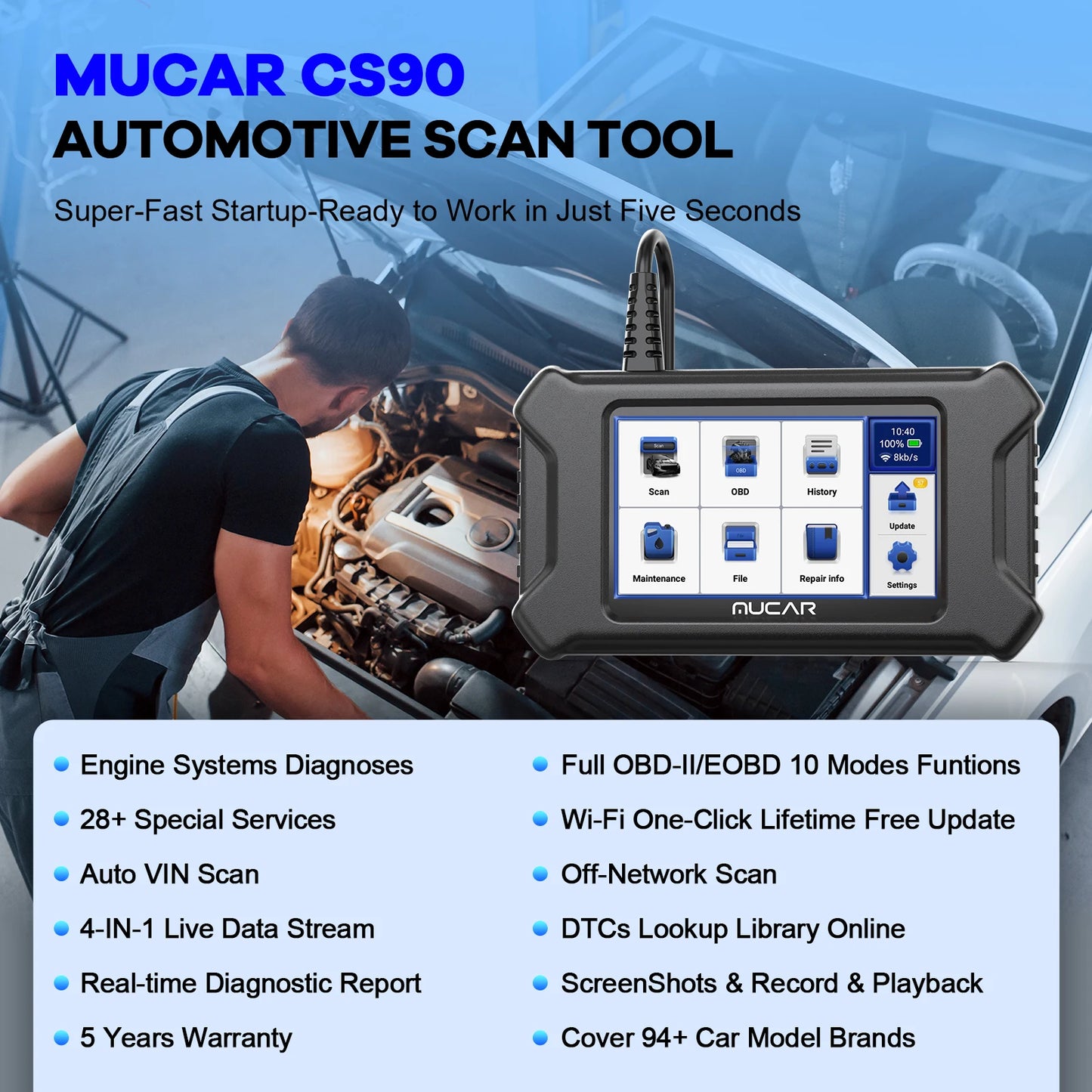 MUCAR CS90 OBD2 Diagnostic Tool with Lifetime Updates and Services