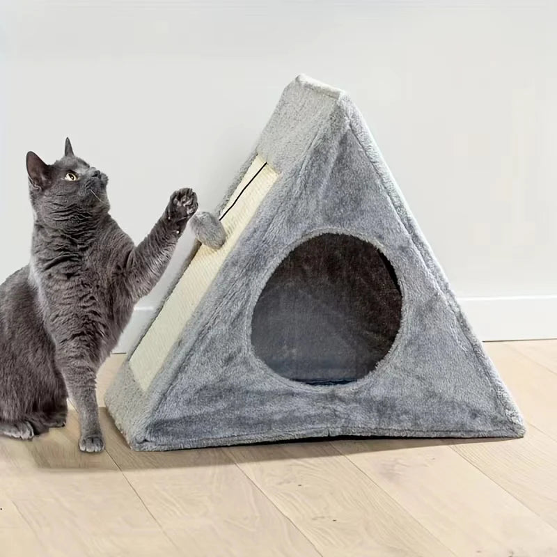Plush Cat Bed with Scratching Board and Toy Ball