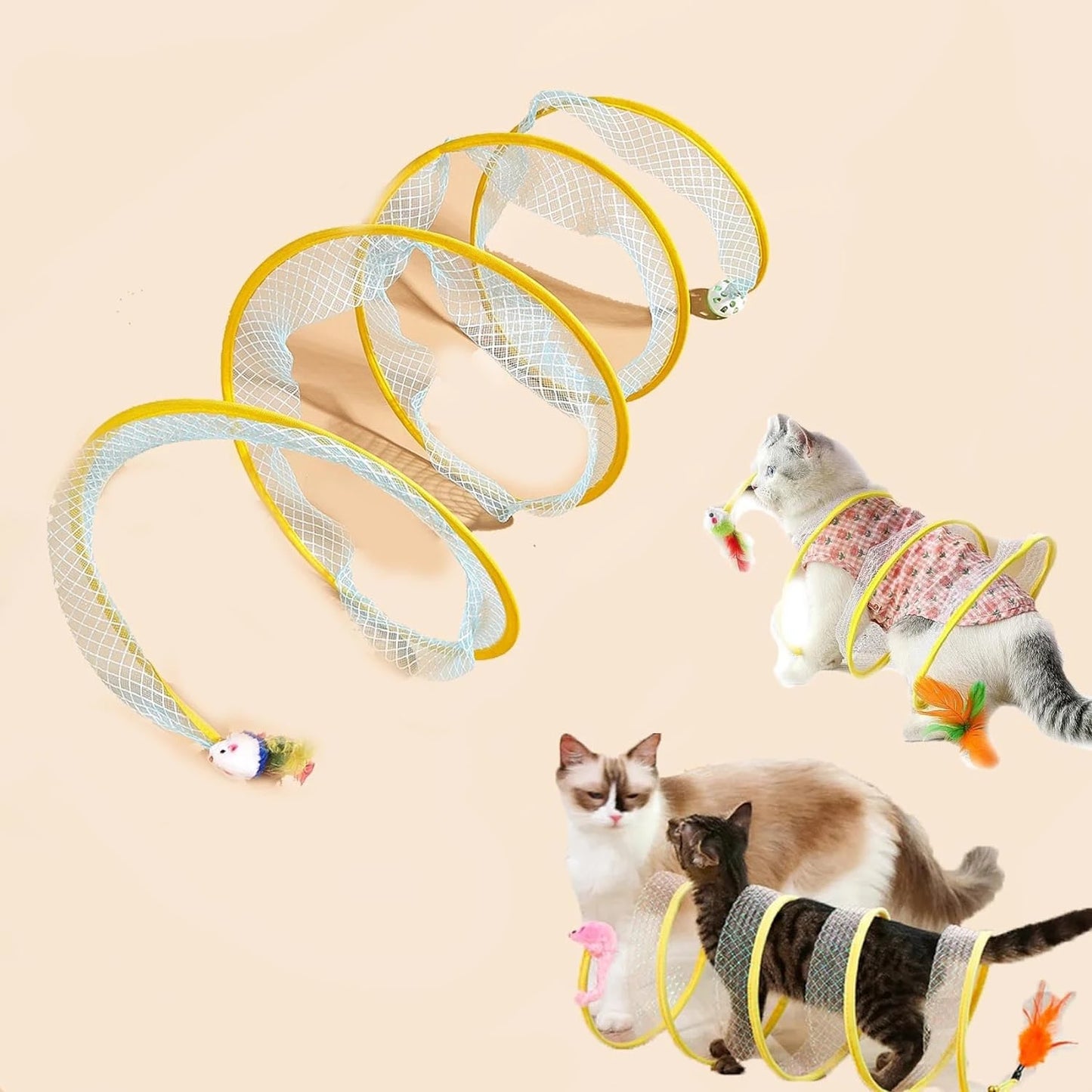 Spiral Cat Tunnel Toy with Feather Mouse for Indoor Play