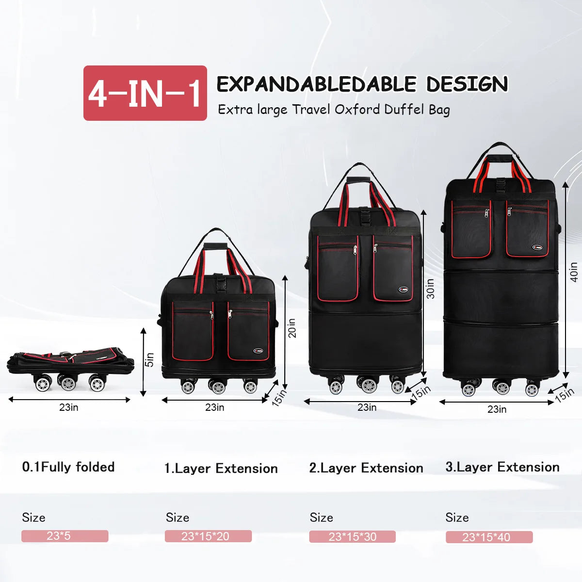 Foldable Travel Duffel Bag with Wheels and Waterproof Design
