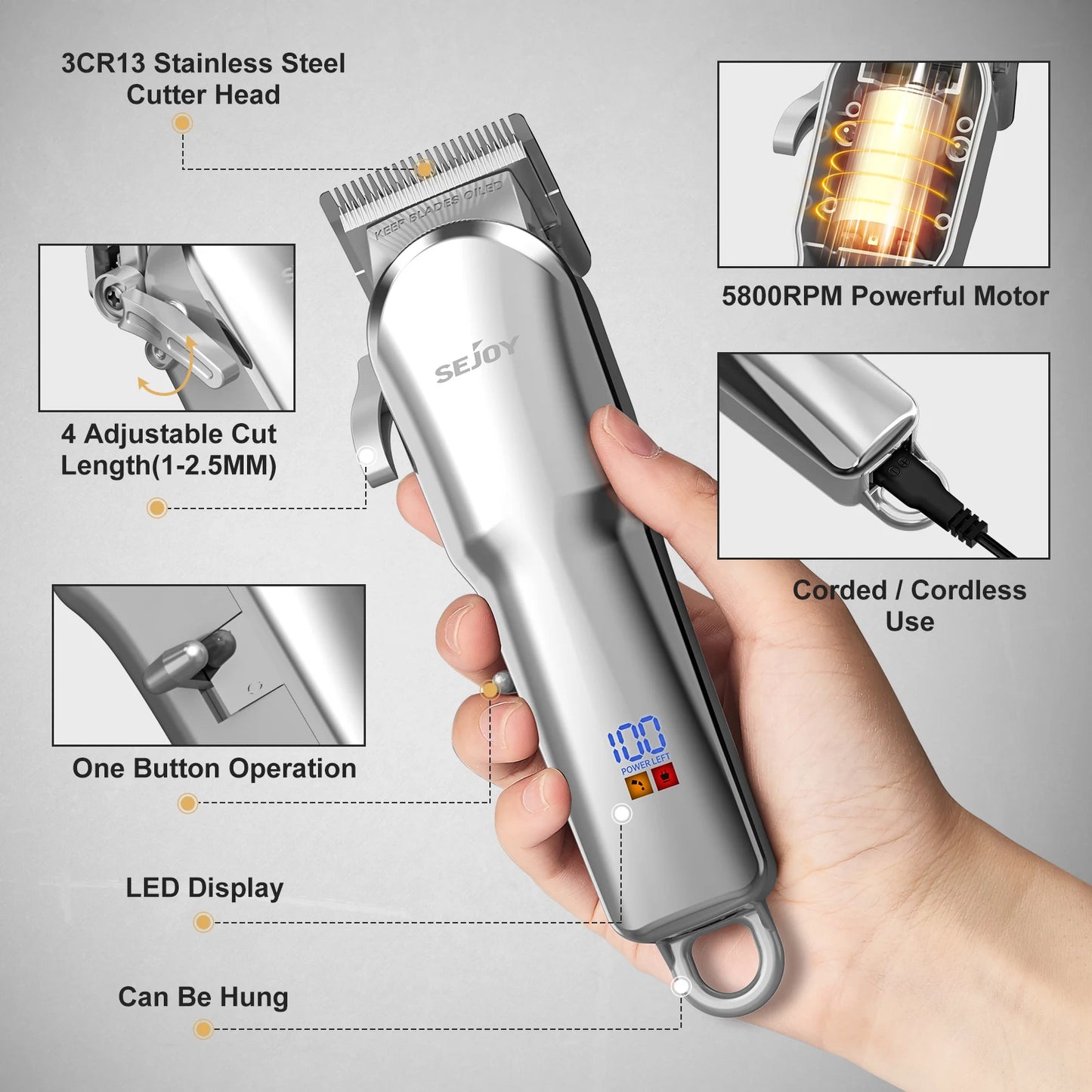 Sejoy Cordless Hair Clipper Kit With LED Display For Men