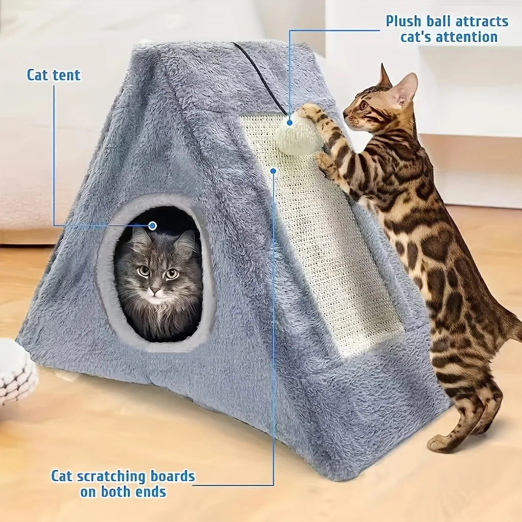 Plush Cat Bed with Scratching Board and Toy Ball