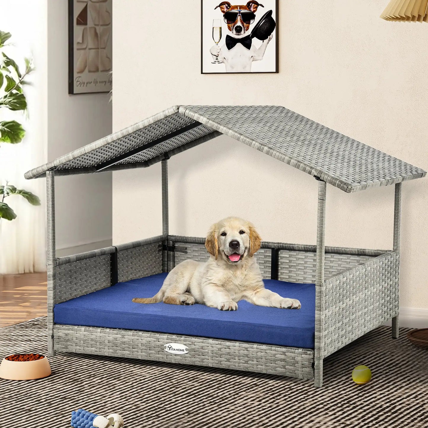 Outdoor Rattan Doghouse with Canopy and Comfortable Cushion
