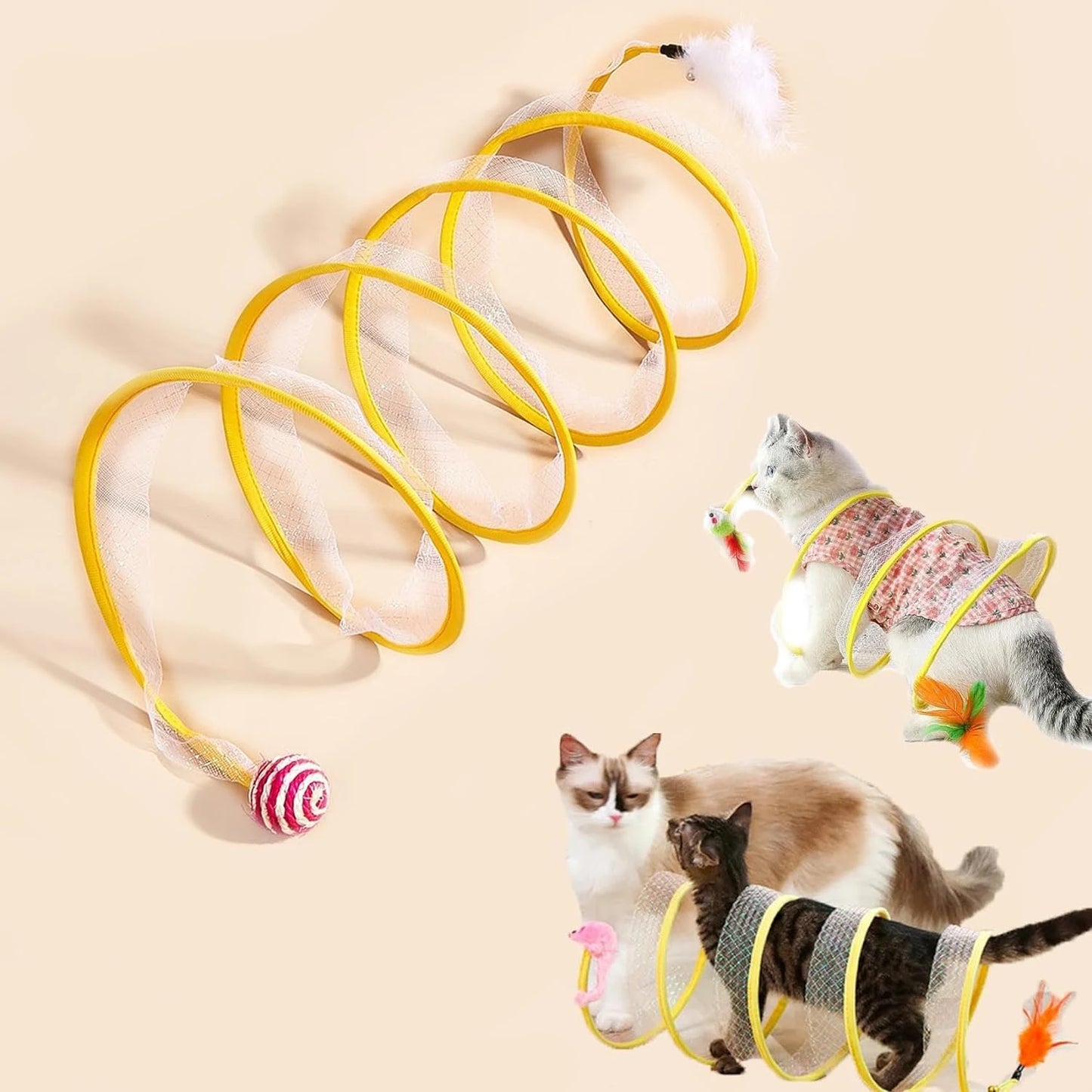 Spiral Cat Tunnel Toy with Feather Mouse for Indoor Play