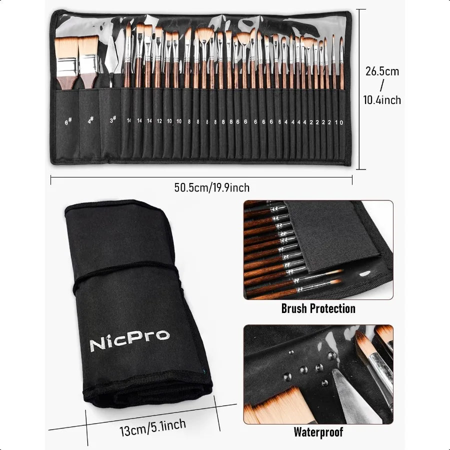 Nicpro 30 Piece Professional Paint Brush Set for Artists