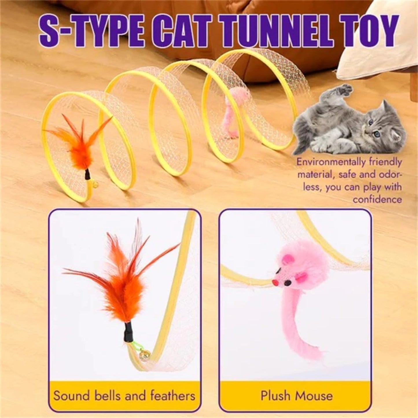 Spiral Cat Tunnel Toy with Feather Mouse for Indoor Play