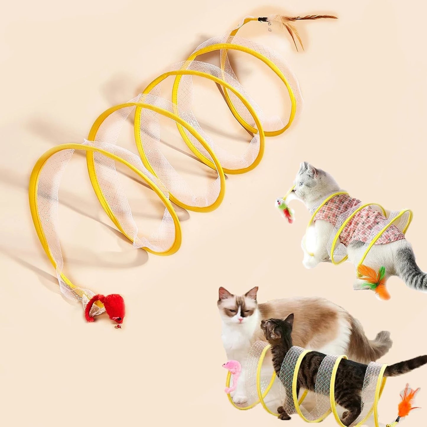 Spiral Cat Tunnel Toy with Feather Mouse for Indoor Play