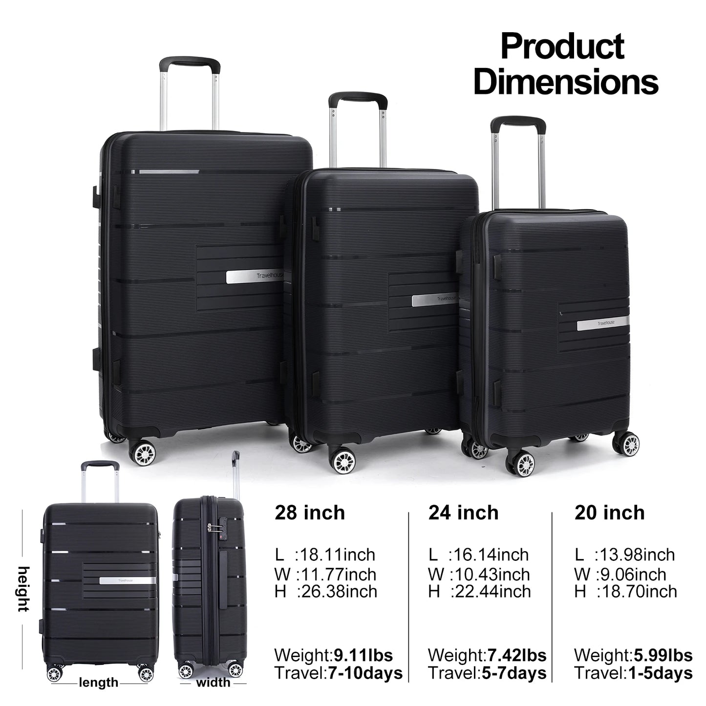Travelhouse Hardshell Luggage Set 3 Piece With TSA Lock