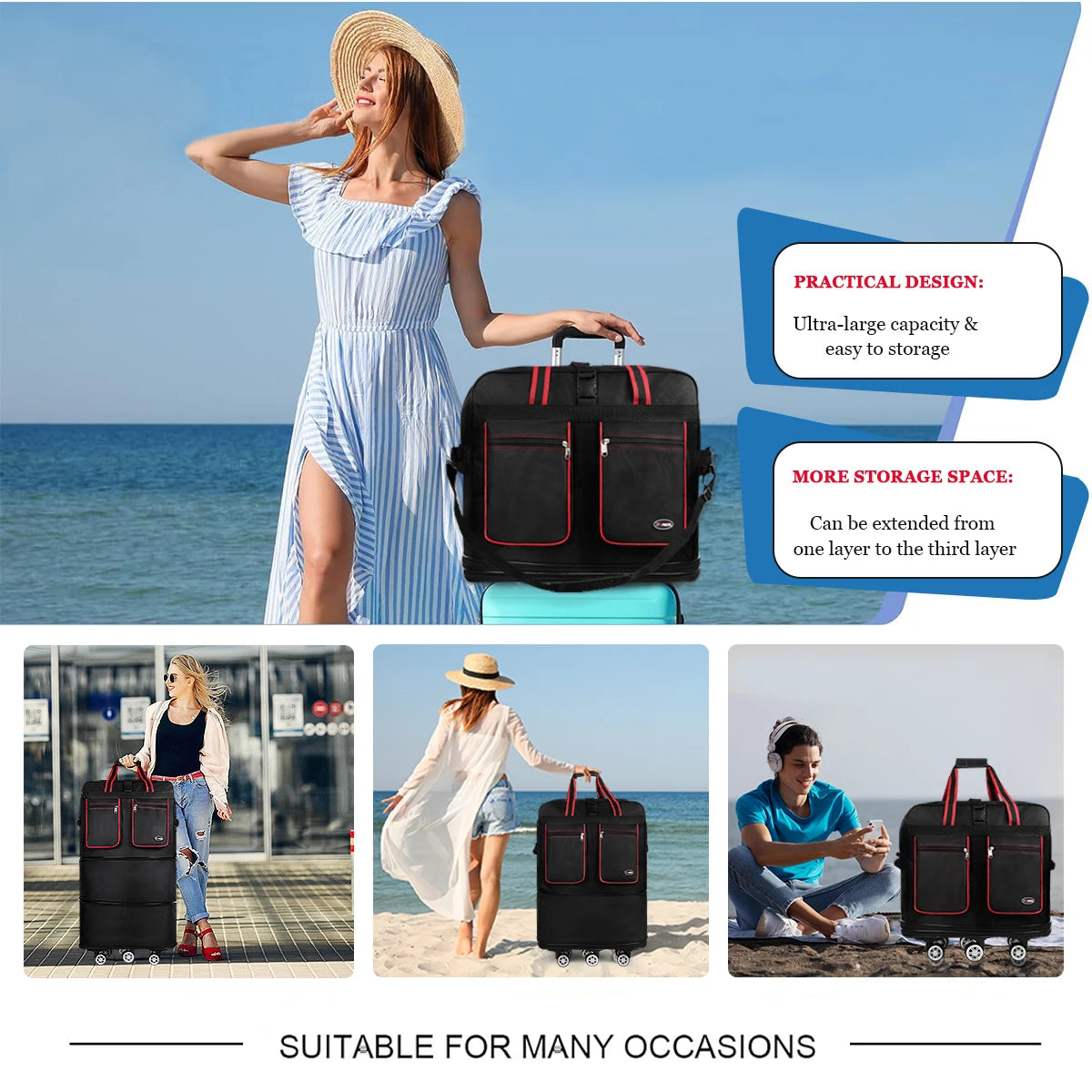 Foldable Travel Duffel Bag with Wheels and Waterproof Design