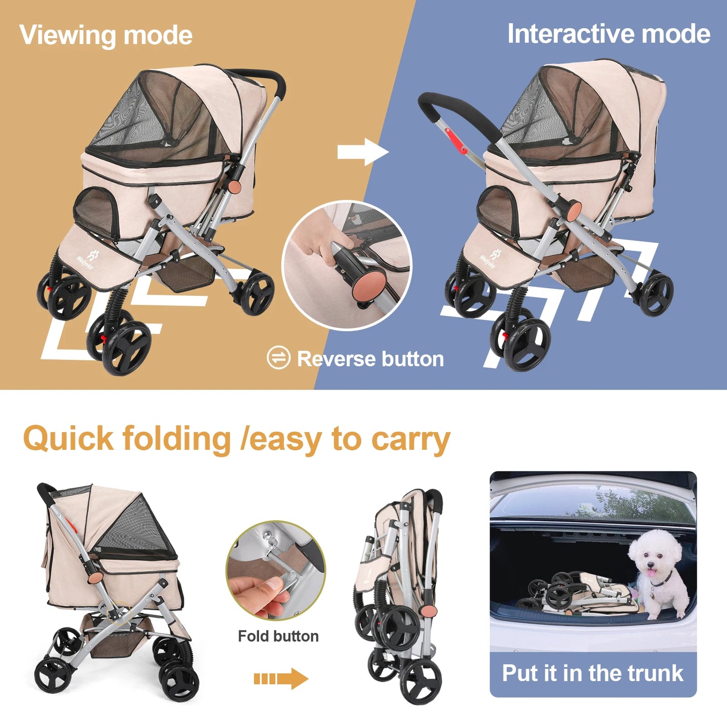 Wedyvko Foldable Cat Dog Stroller Detachable Carrier