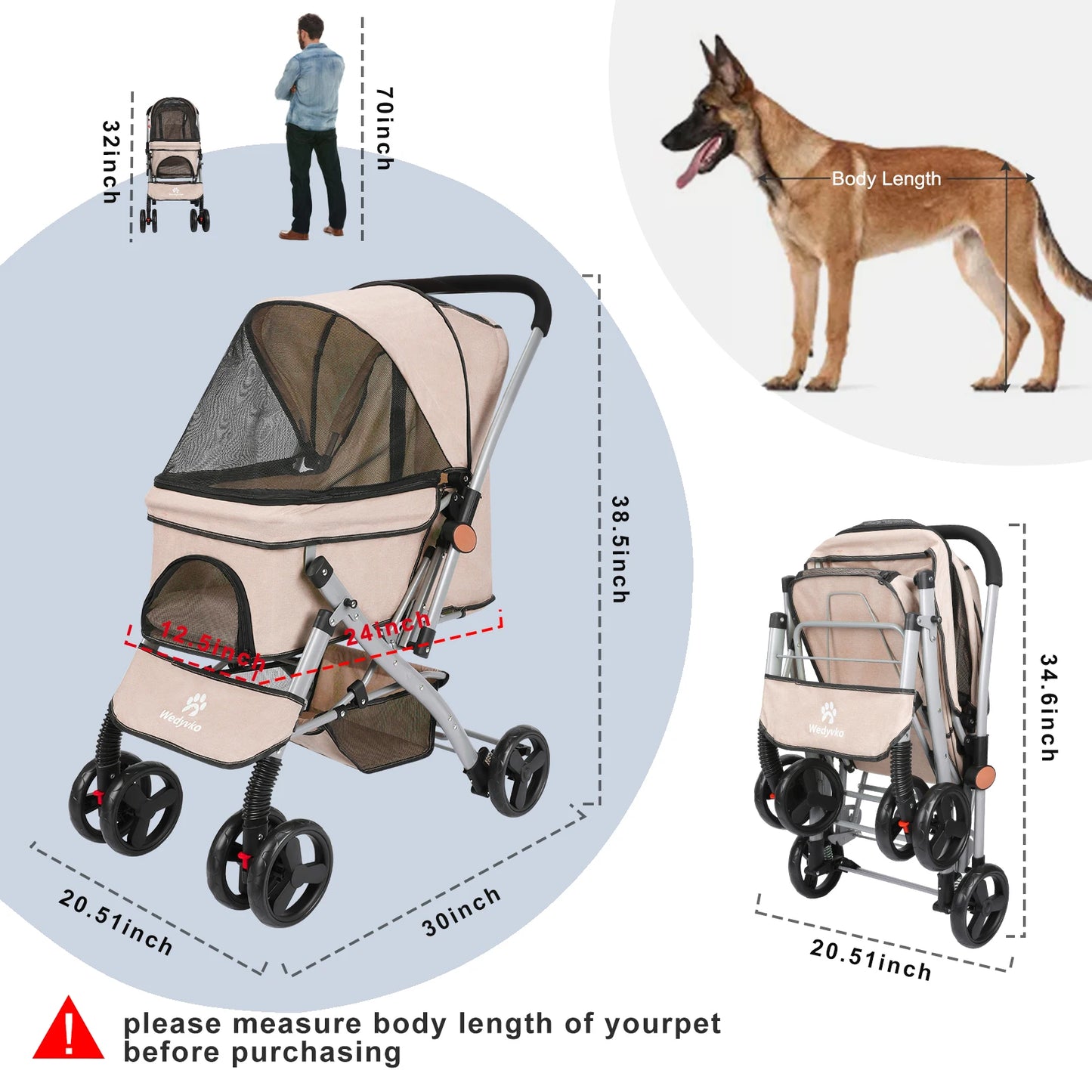 Wedyvko Foldable Cat Dog Stroller Detachable Carrier