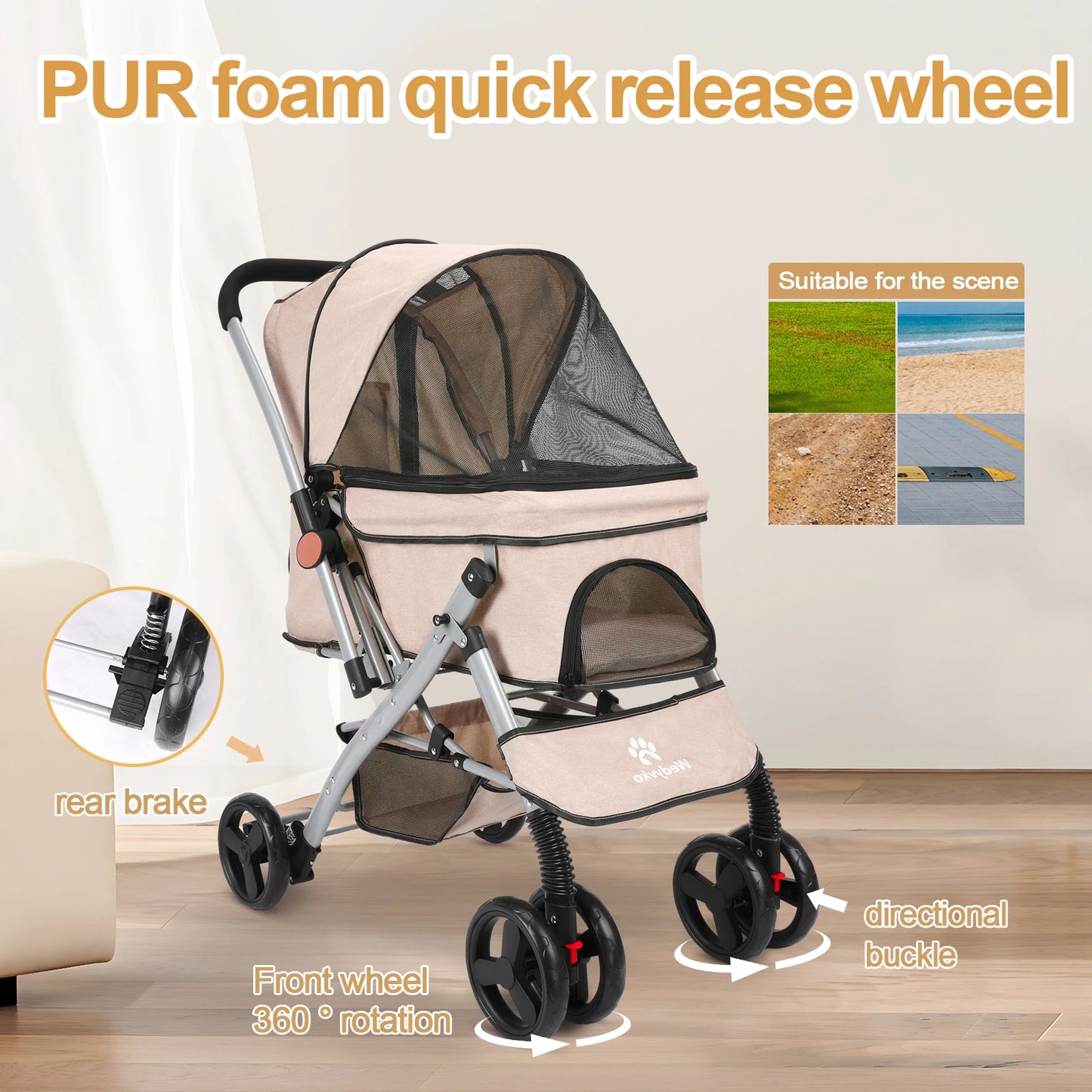 Wedyvko Foldable Cat Dog Stroller Detachable Carrier