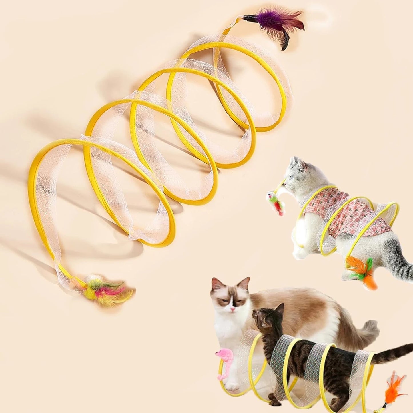 Spiral Cat Tunnel Toy with Feather Mouse for Indoor Play