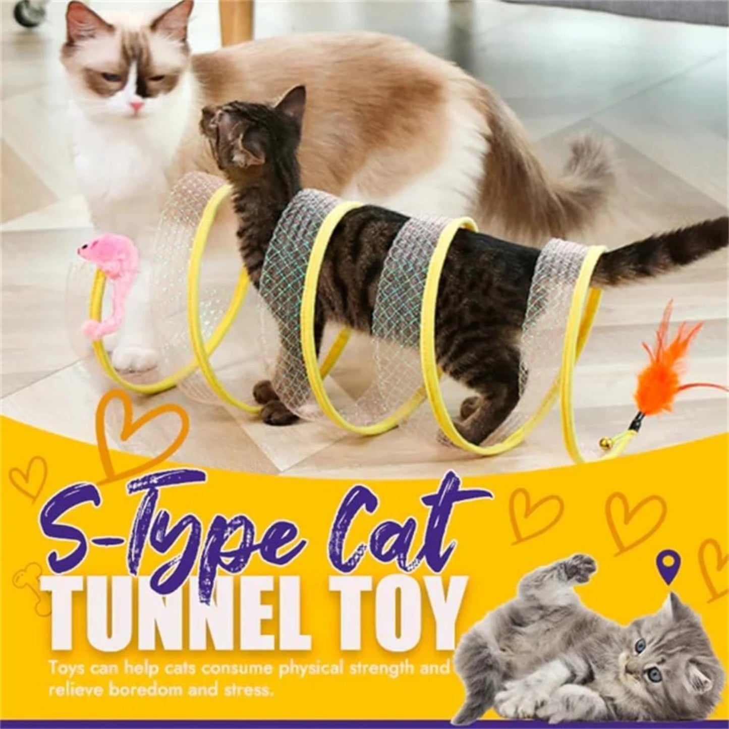 Spiral Cat Tunnel Toy with Feather Mouse for Indoor Play