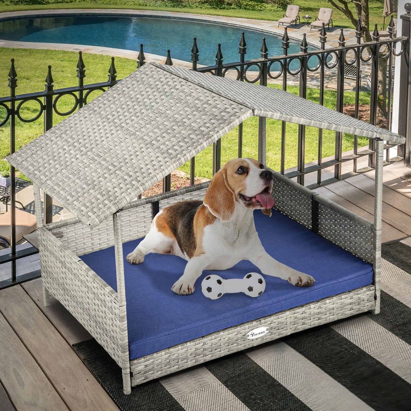 Outdoor Rattan Doghouse with Canopy and Comfortable Cushion
