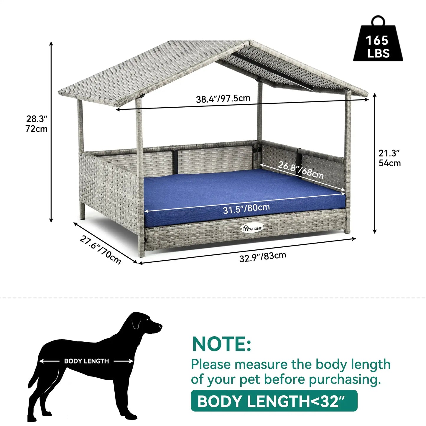 Outdoor Rattan Doghouse with Canopy and Comfortable Cushion