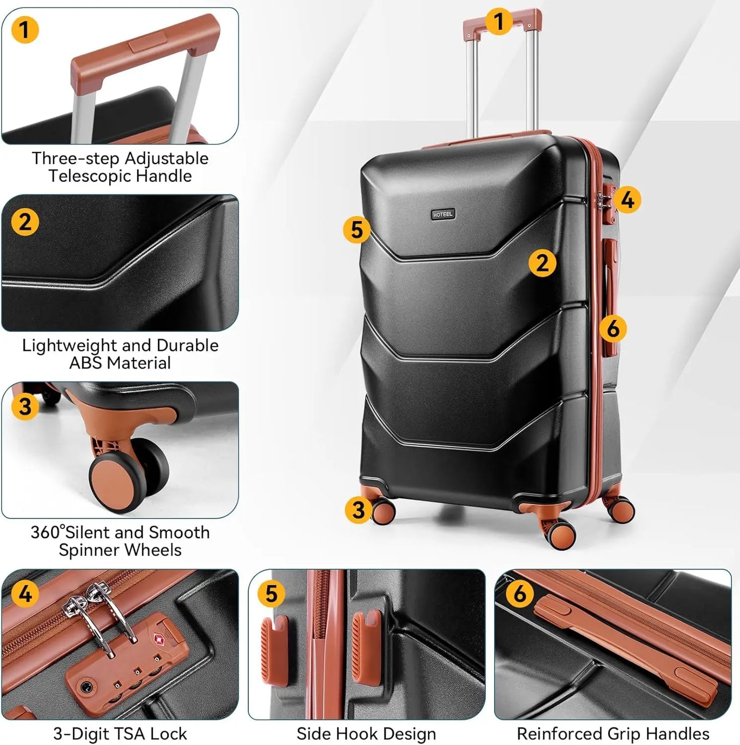 HOTEELCN 3 Piece ABS Luggage Set With Spinner Wheels