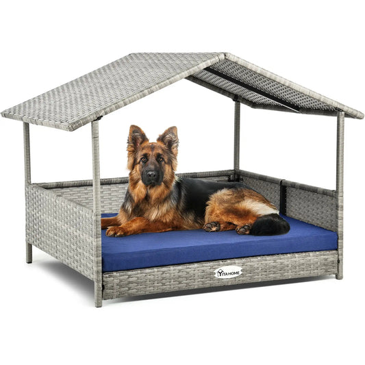 Outdoor Rattan Doghouse with Canopy and Comfortable Cushion